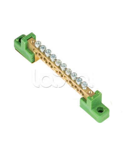 Шина 0 PE 6x9мм 10 отверстий латунь с контактной пластиной 2 зелёных угловых изолятора EKF (sn0-63-10-2-pe) в Калуге Клеммные колодки Pintop.ru