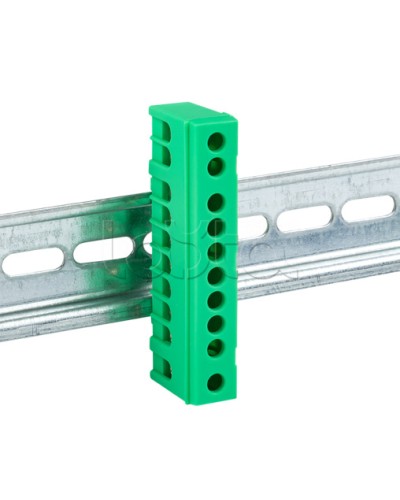 Шина 0 PE (6х9мм) 10 отверстий латунь зеленый изолированный корпус на DIN-рейку EKF PROxima (sn0-63-10-ig) в Калуге Клеммные колодки Pintop.ru