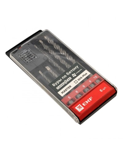 Набор буров по бетону SDS-plus (5/110, 6/110, 6/160, 8/160, 10/160) 2 резца 4S спираль EKF Master (db-h5-2x4) в Калуге Аксессуары для кабель-канала Pintop.ru
